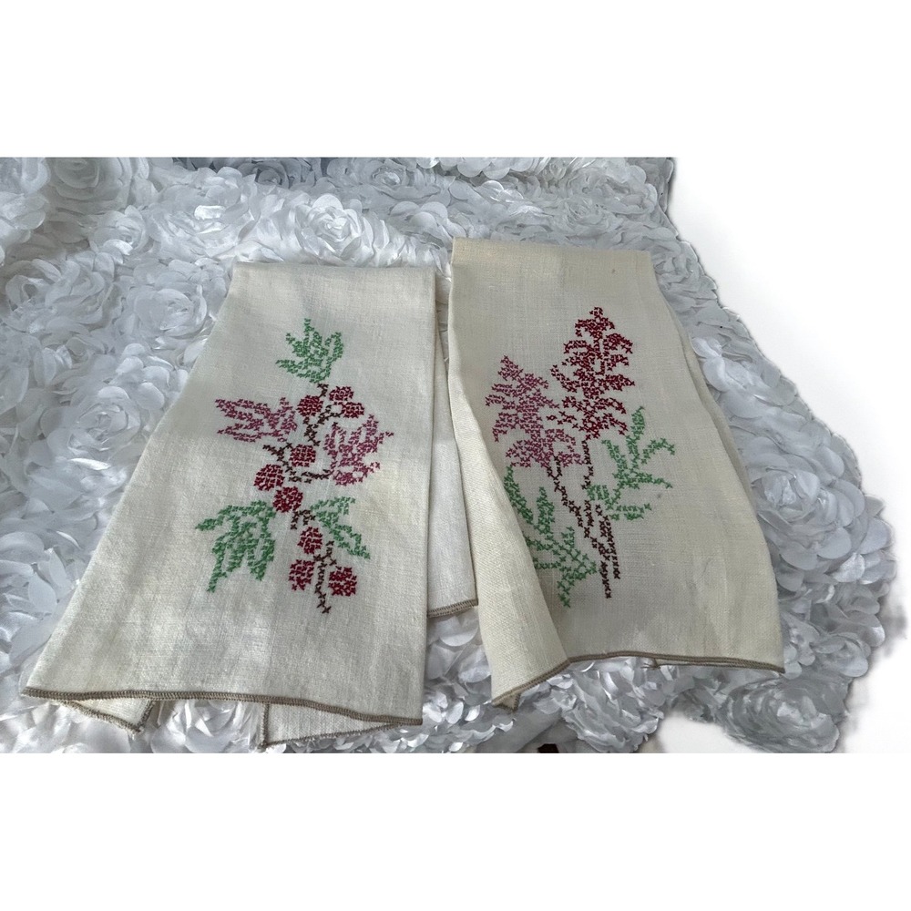 Vintage Ivory Linen Dinner Napkins Embroidery‎ Florals Set of 2